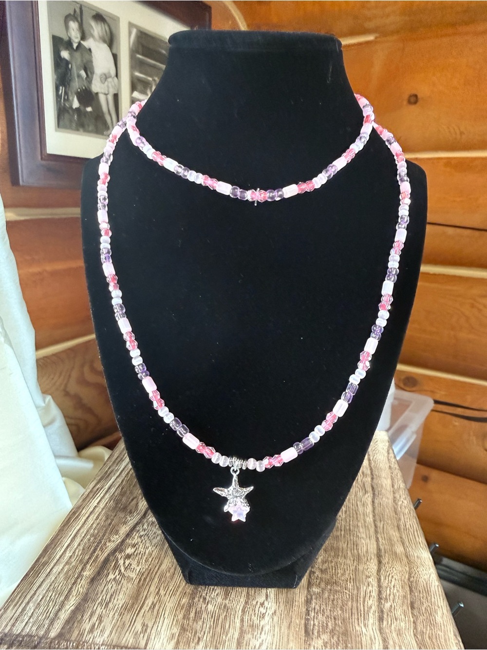 Handmade Pink & Purple Beaded Star Pendant Necklace